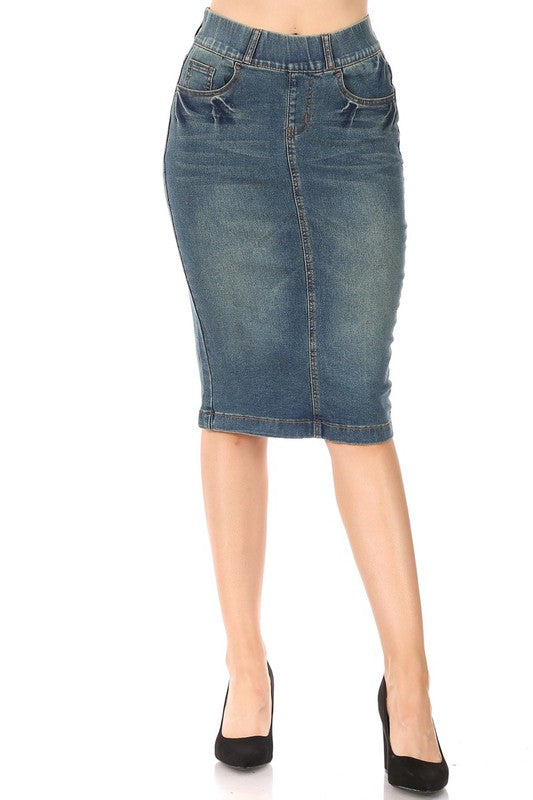 shopmodbella, modbella, stretch skirt, vintage wash, elastic waist, modest skirt