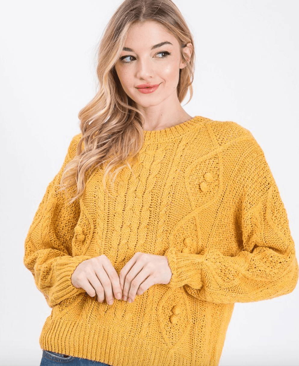 katia, shopmodella, modbella, mustard, sweater, pom pom, popcorn sweater, modest fashion, modest sweater, mustard sweater, yellow sweater