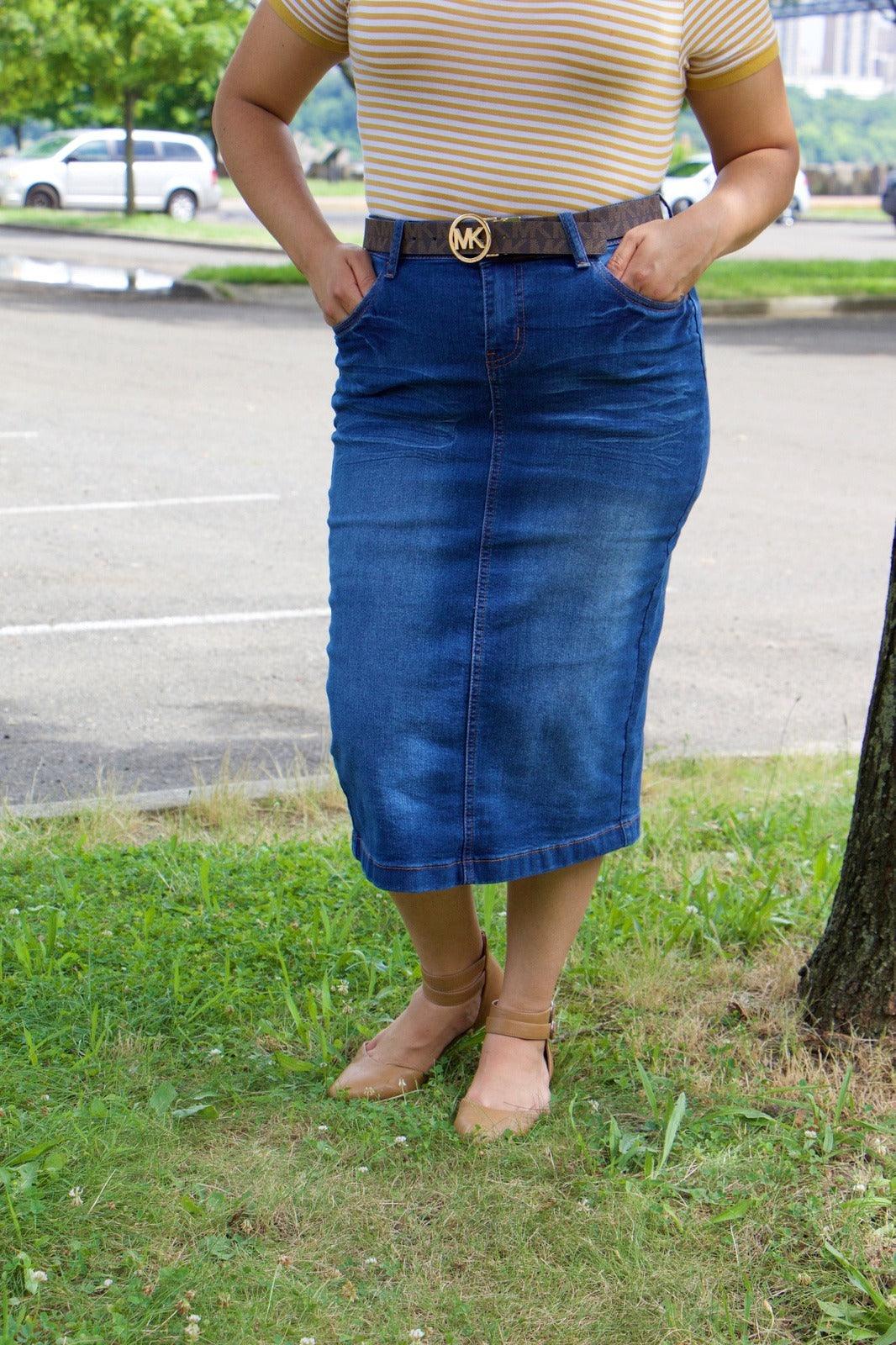 shopmodbella, modbella, clara denim skirt, denim skirts, jean skirts, church clothing, modest skirts, church skirts