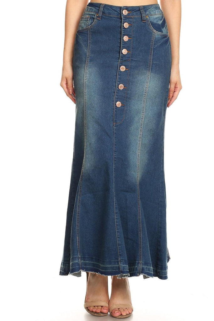Shopmodbella Anastasia Long Denim Jean skirt, button skirt, modest skirt, pentecostal fashion, apostolic fashion