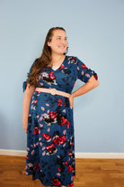 floral dress, maternity dress, fall dress, blue dress, modest dress, modest clothing, modbella, shopmodbella, wrap dress